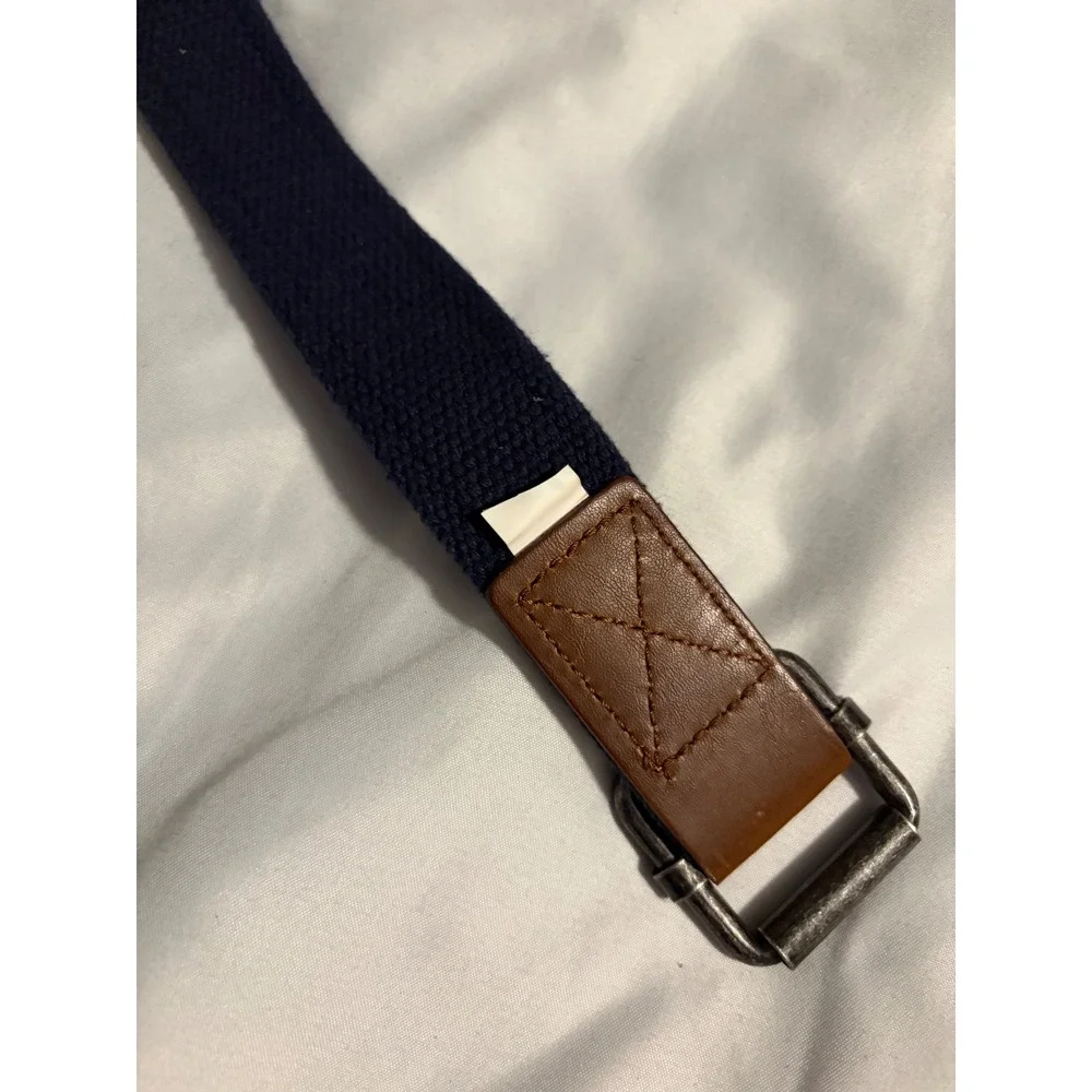 Navy Blue Canvas Web‎ Belt Gold Skull Crossbones Embroidered D-Ring Buckle